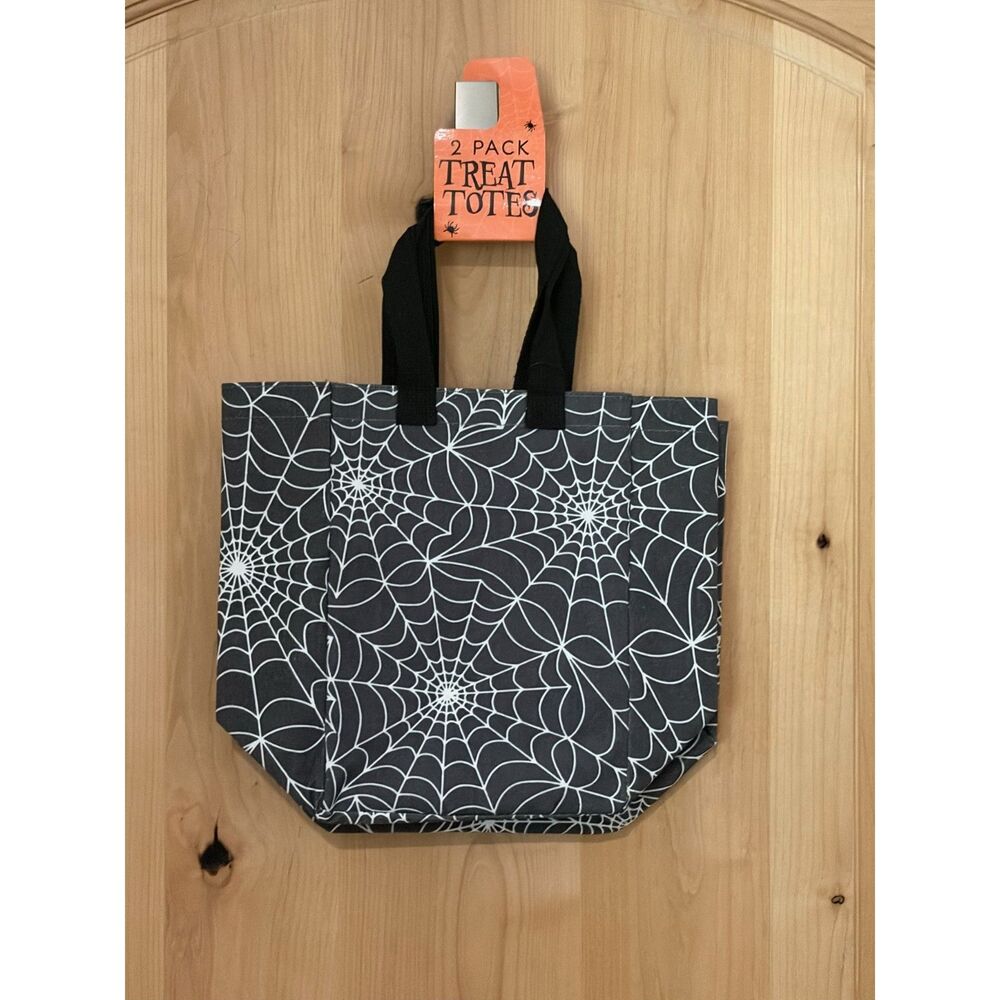 2 Pack Halloween Black & White Spiderweb Canvas Treat Totes NWT